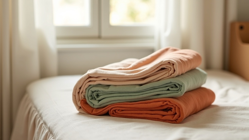 Gevouwen draagdoeken in warme terracotta, salie en crème tinten